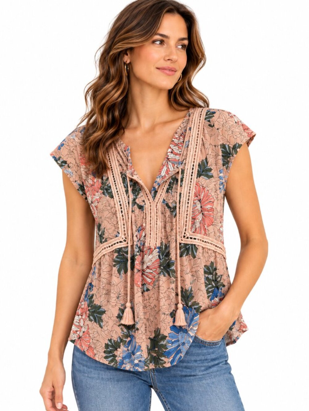 Daniel Rainn Pink Floral Tassel Tie Boho Blouse XS